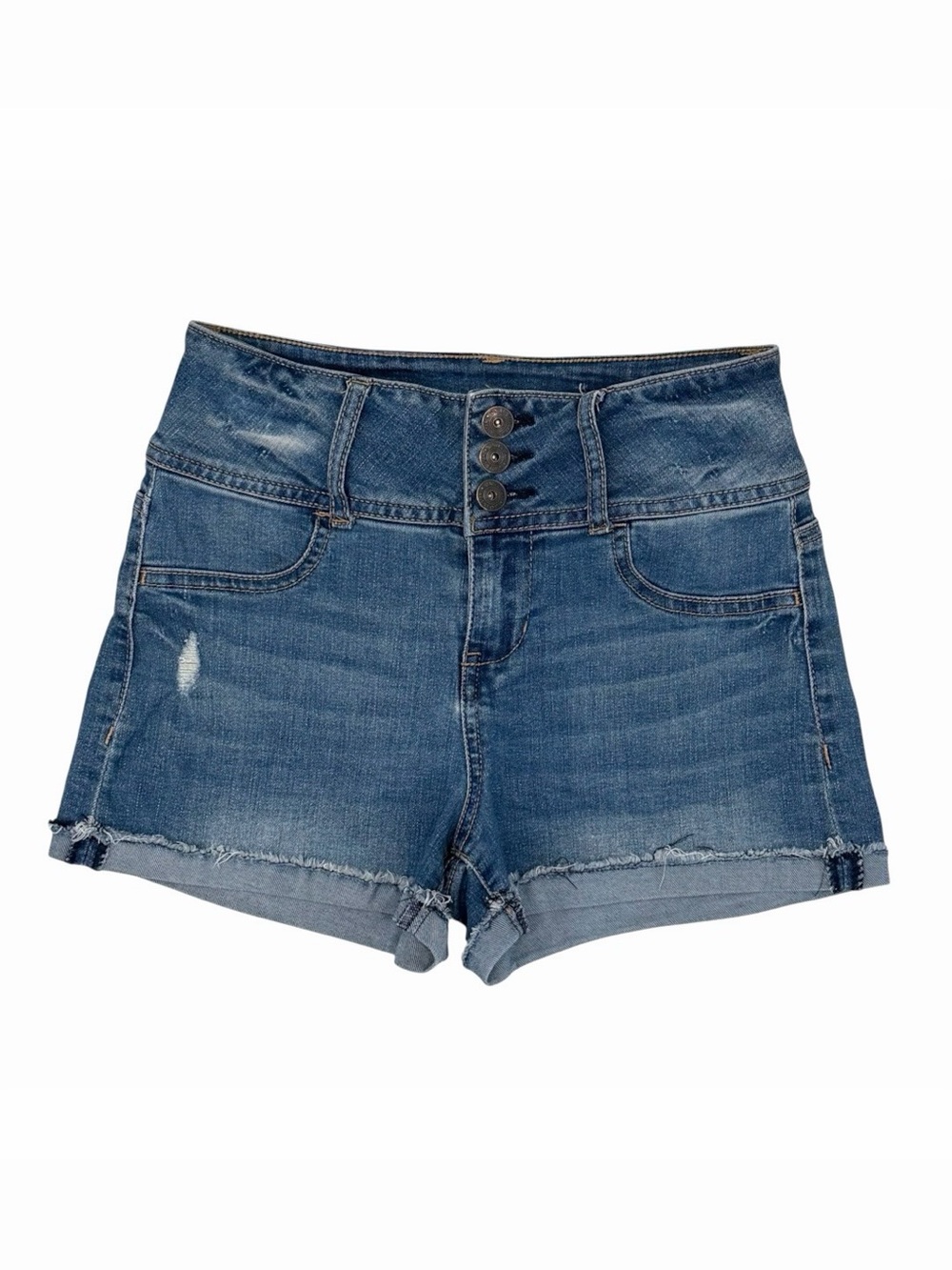 Vanilla Star Juniors 3 Denim Shorts High Rise Shortie Cuffed Med Wash Distressed